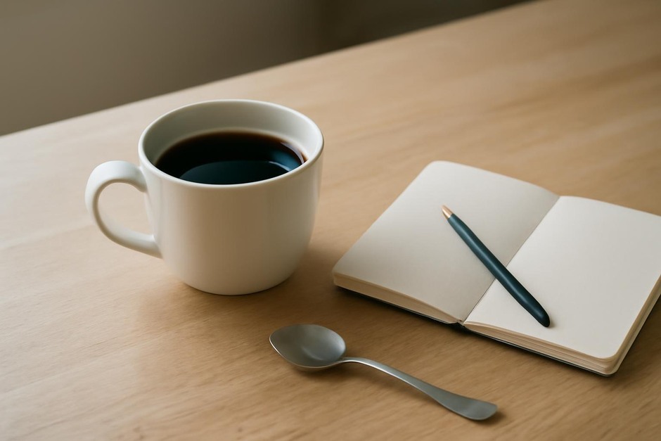 A simple coffee cup, spoon, and small notebook on a gently lit kitchen table