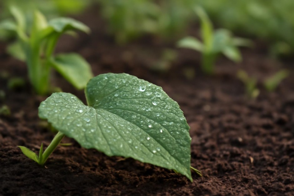 Close-up of a leaf with morning dew on a garden bed