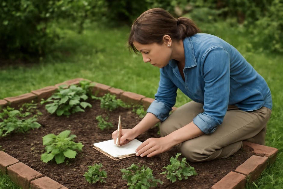 Person leaning over a small garden bed making notes