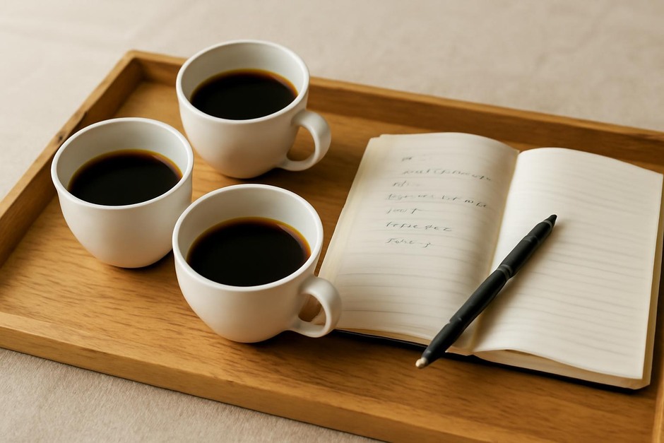 A small tray with three cups of coffee and a notebook