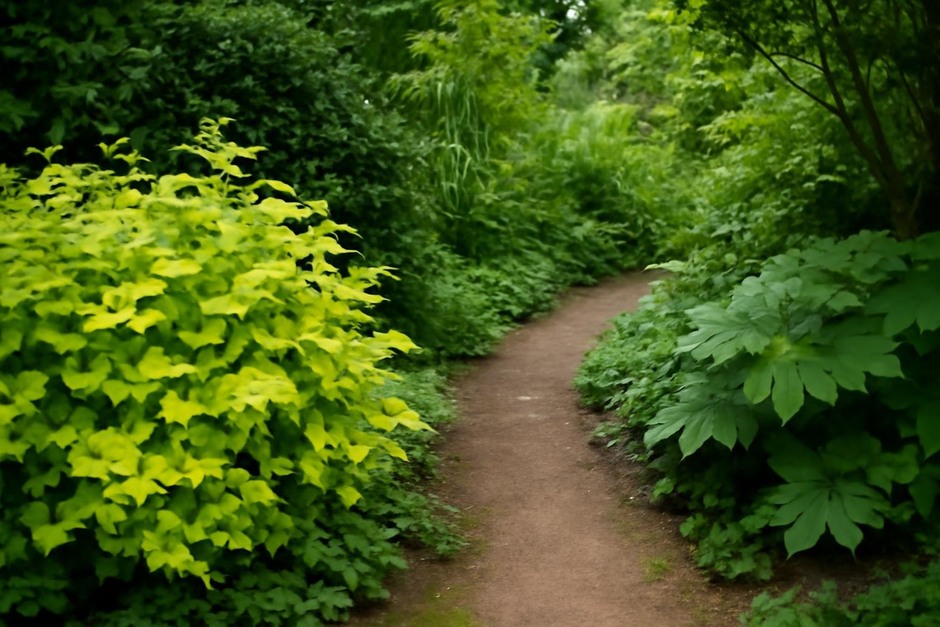 A small garden corner with bright leaves and a narrow path, photographed in soft light