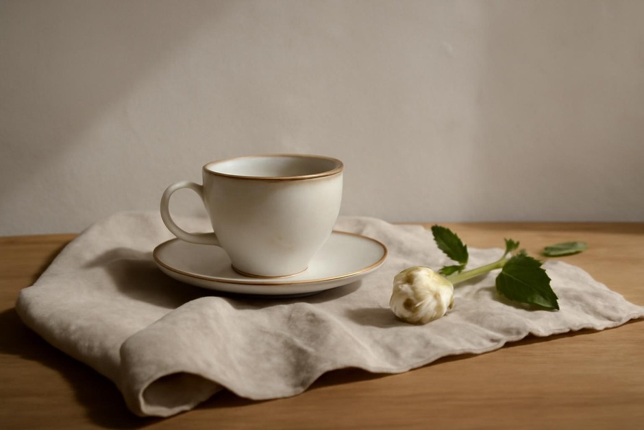 A simple tabletop still life—teacup, cloth, and a stem—arranged with directional light
