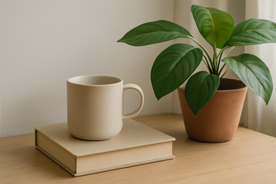 A simple still life of a cup, book, and houseplant arranged to show framing and layering