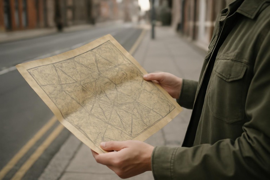 Person holding an old map while standing on a city sidewalk